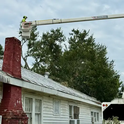 Arborist in a bucket truck trimming a tree beside a home with a brick chimney