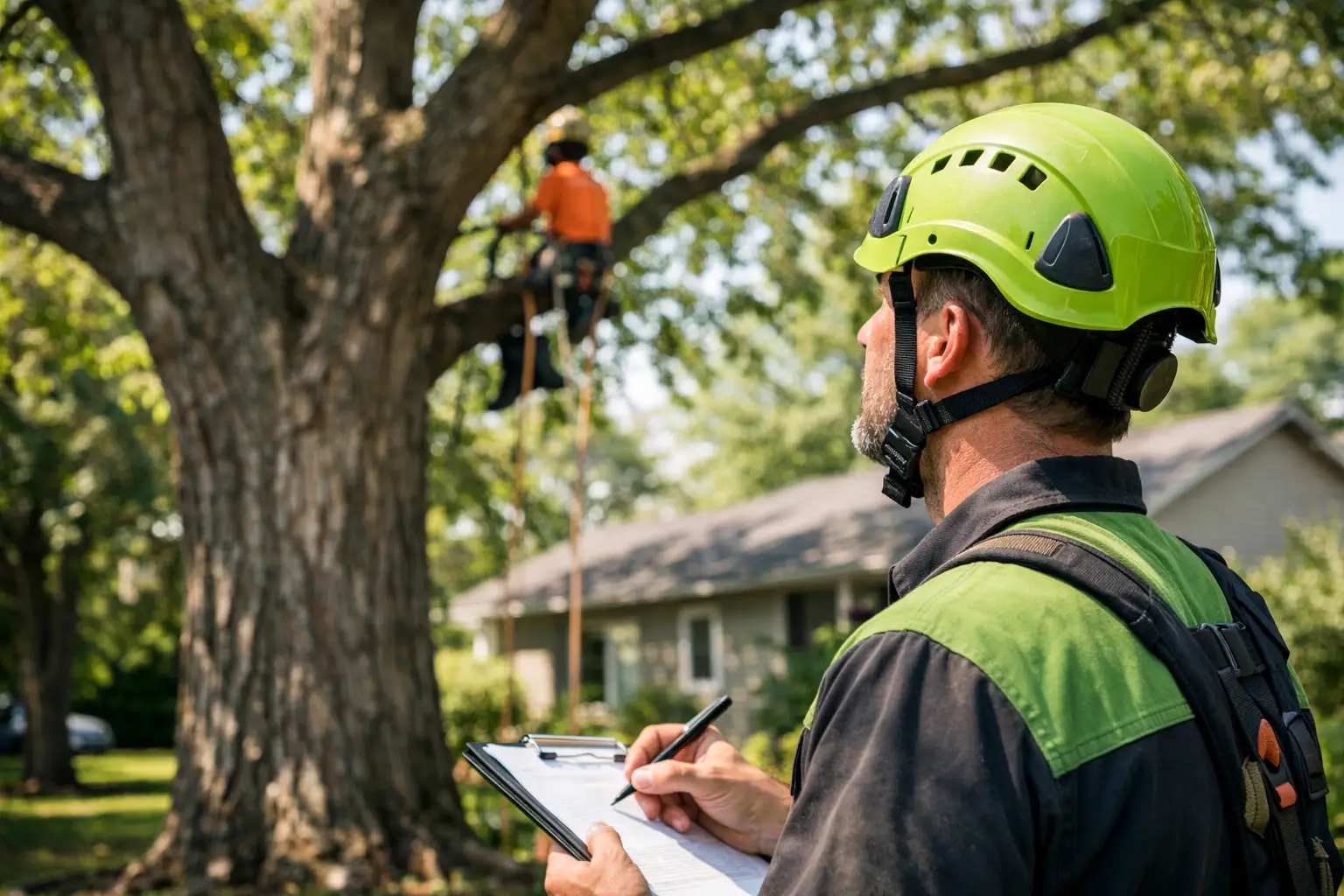 Arborist assessing a large tree at a Lafayette home